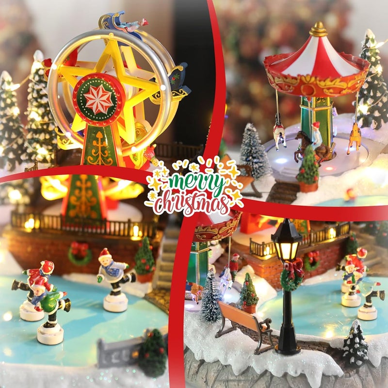 Bdor Christmas Village Lighted Decoration with Carousel, Ferris Wheel, Skaters | 11.4 x 10.4 x 7.7 Inches Animated Holiday Scene with Music & LED Lights for Indoor Home Décor - Image 5